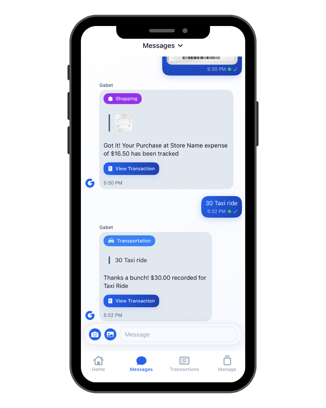 Chat-style budgeting mockup UI